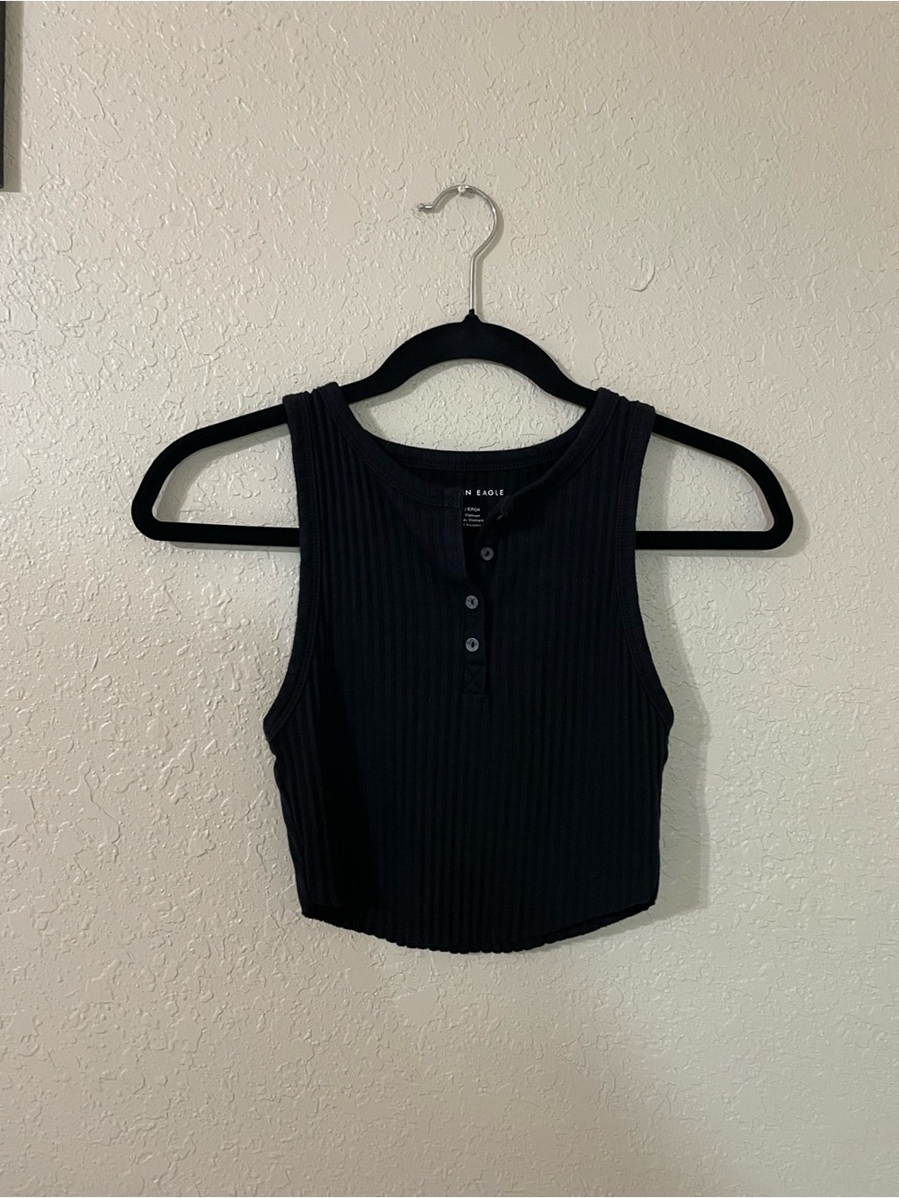 American Eagle Henley Ribbed Cropped Tank Top Size XS Curved Hem Button Black